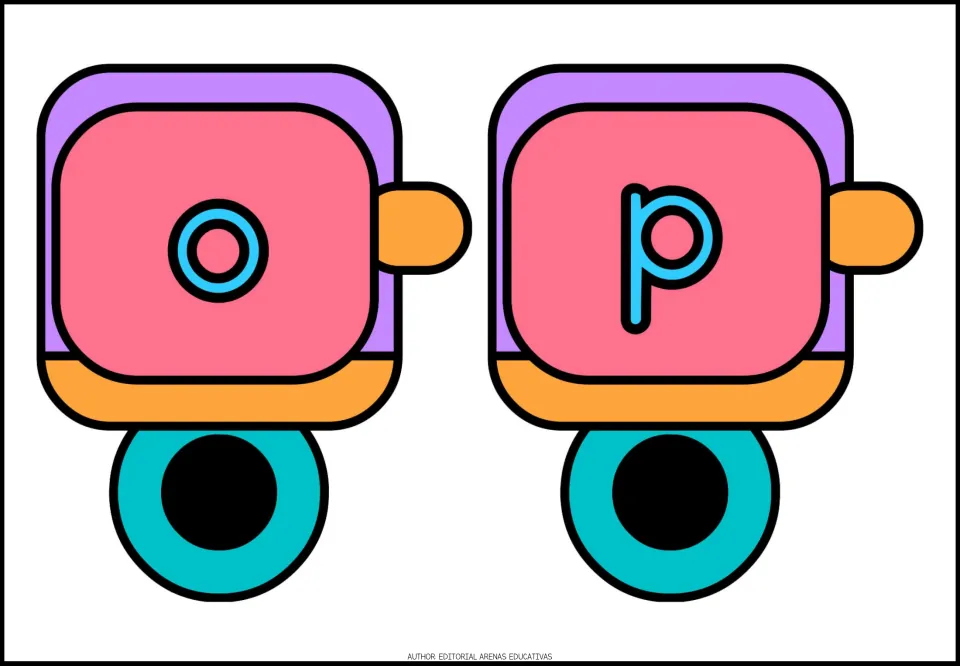 Lowercase alphabet train cards o and p, printed two per sheet as part of the a–z letter card set.