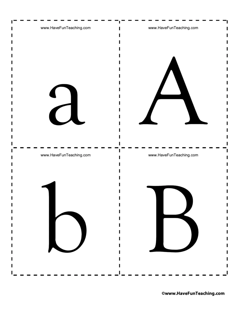 Alphabet flash cards 1–4: lowercase a and b and uppercase A and B for recognizing both letter cases.