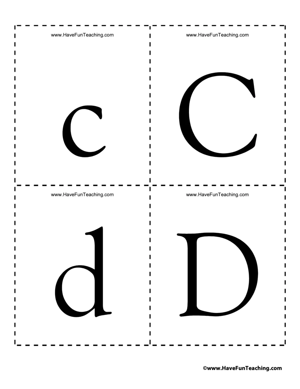 Alphabet flash cards 5–8: lowercase c and d and uppercase C and D for recognizing both letter cases.