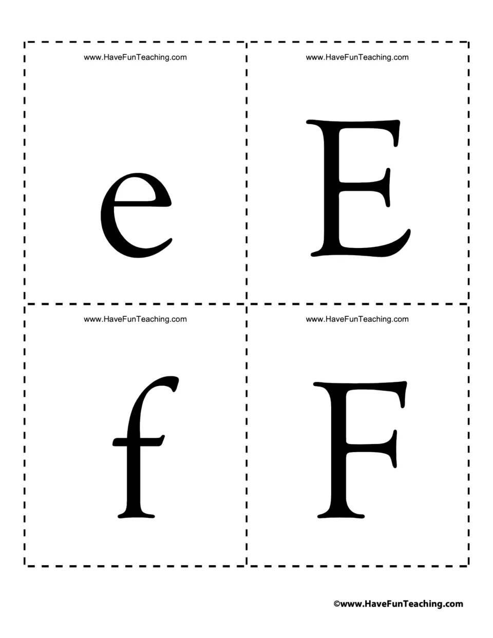 Alphabet flash cards 9–12: lowercase e and f and uppercase E and F for recognizing both letter cases.