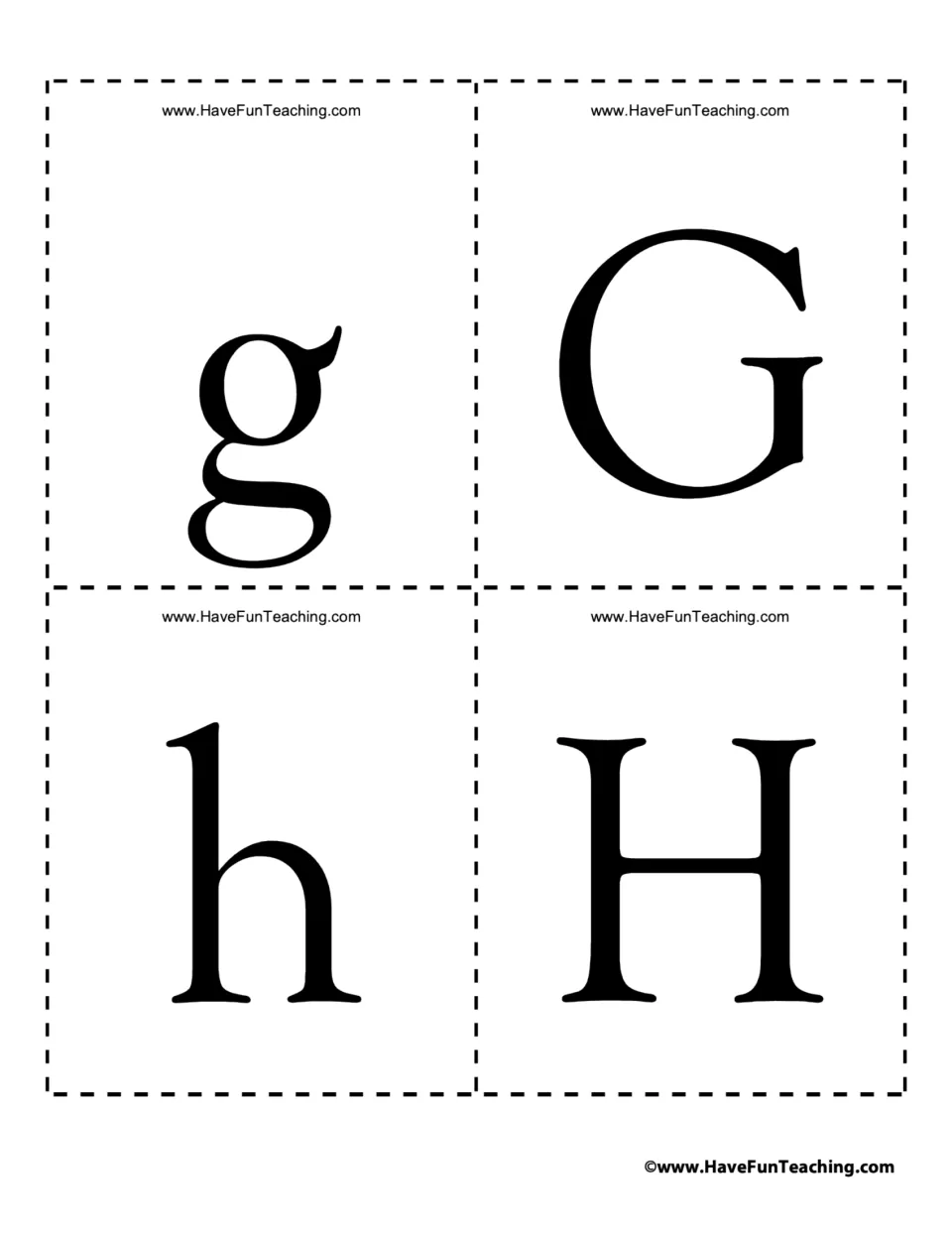 Alphabet flash cards 13–16: lowercase g and h and uppercase G and H for recognizing both letter cases.