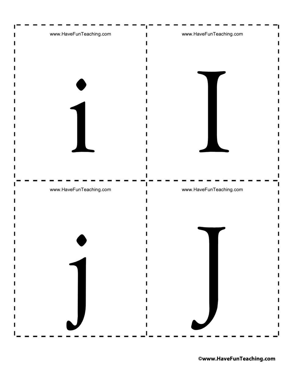 Alphabet flash cards 17–20: lowercase i and j and uppercase I and J for recognizing both letter cases.