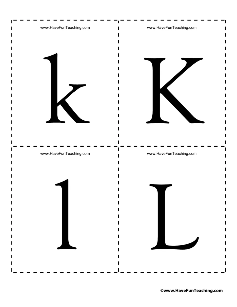 Alphabet flash cards 21–24: lowercase k and l and uppercase K and L for recognizing both letter cases.