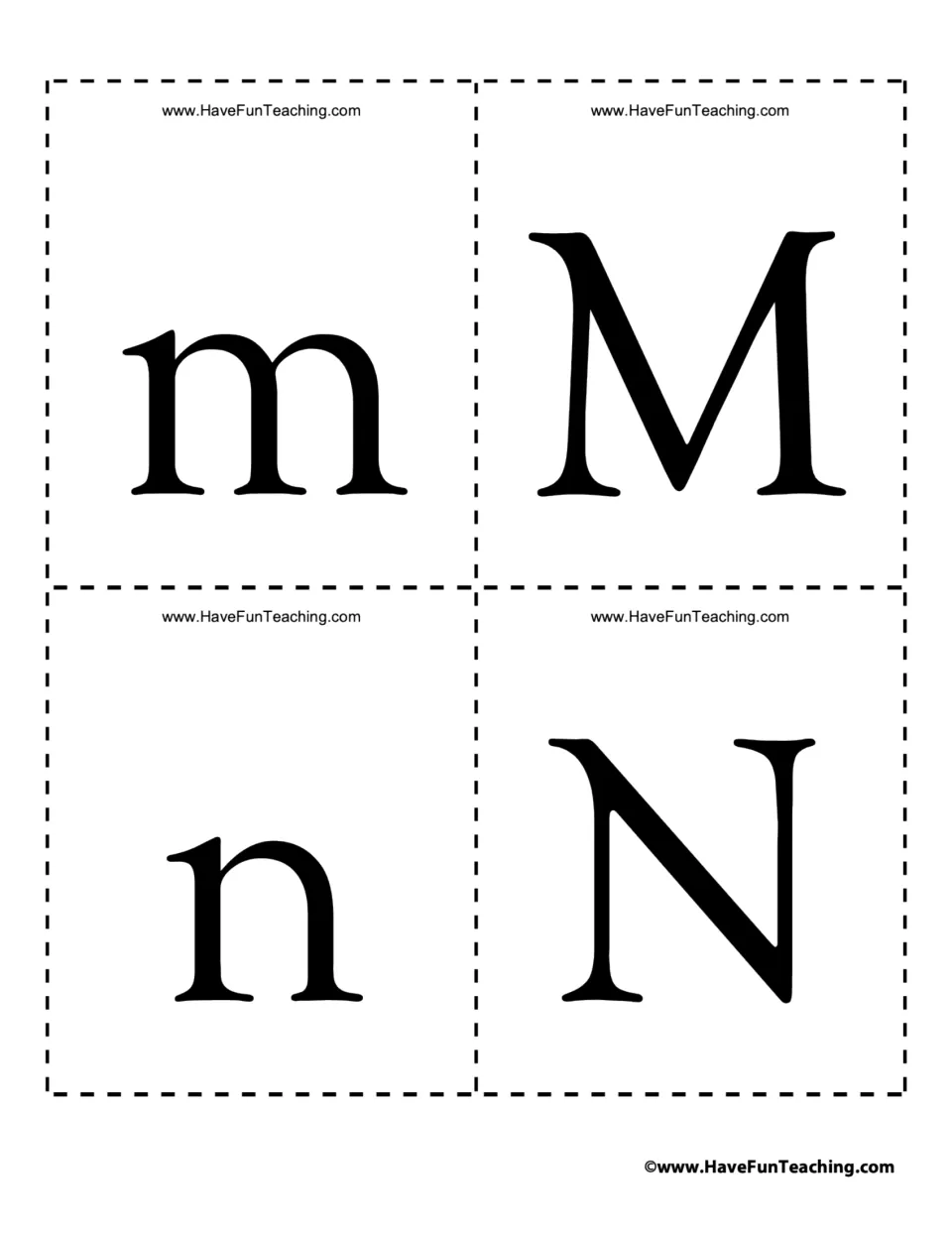 Alphabet flash cards 25–28: lowercase m and n and uppercase M and N for recognizing both letter cases.