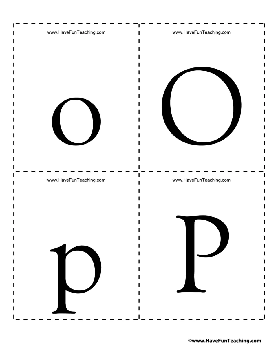 Alphabet flash cards 29–32: lowercase o and p and uppercase O and P for recognizing both letter cases.