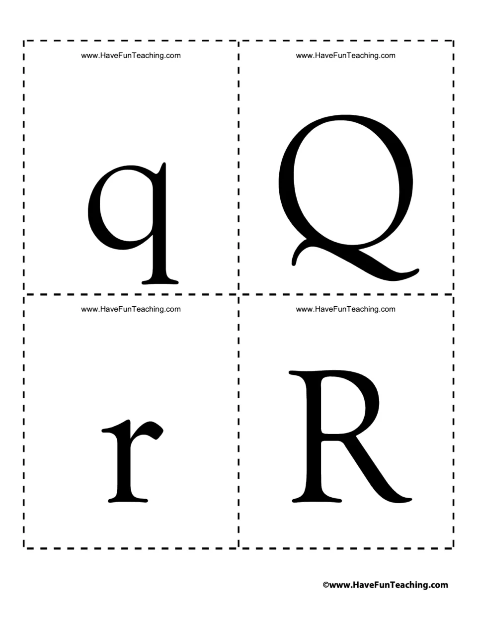 Alphabet flash cards 33–36: lowercase q and r and uppercase Q and R for recognizing both letter cases.