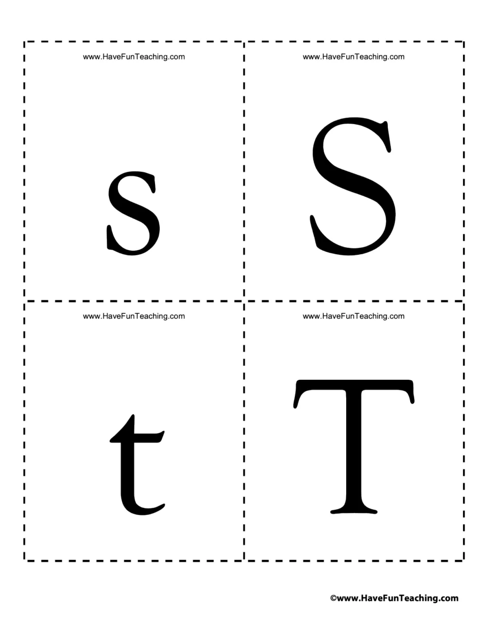 Alphabet flash cards 37–40: lowercase s and t and uppercase S and T for recognizing both letter cases.