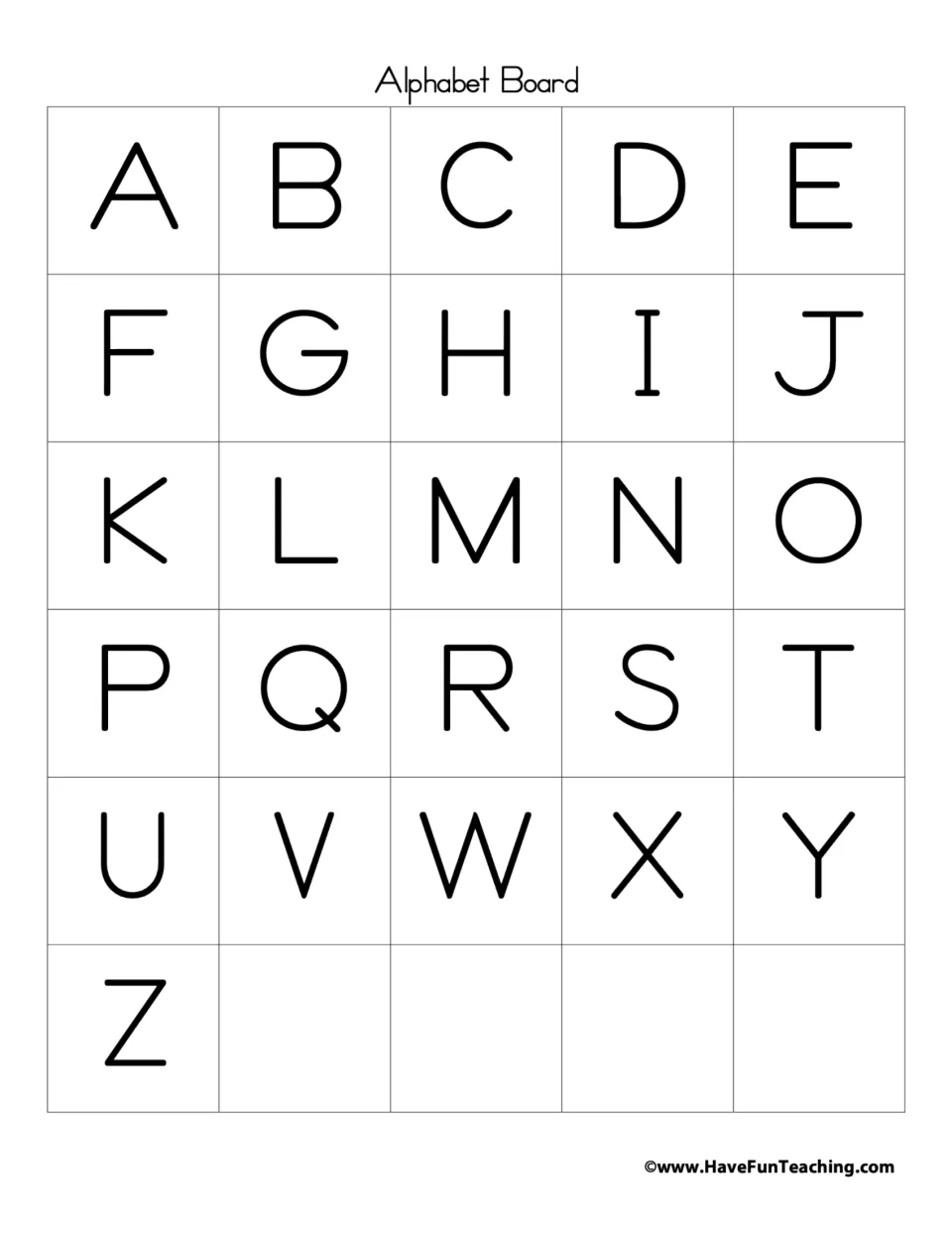 Alphabet Board: uppercase letters A to Z in order, the base where students place matching cut-out letters
