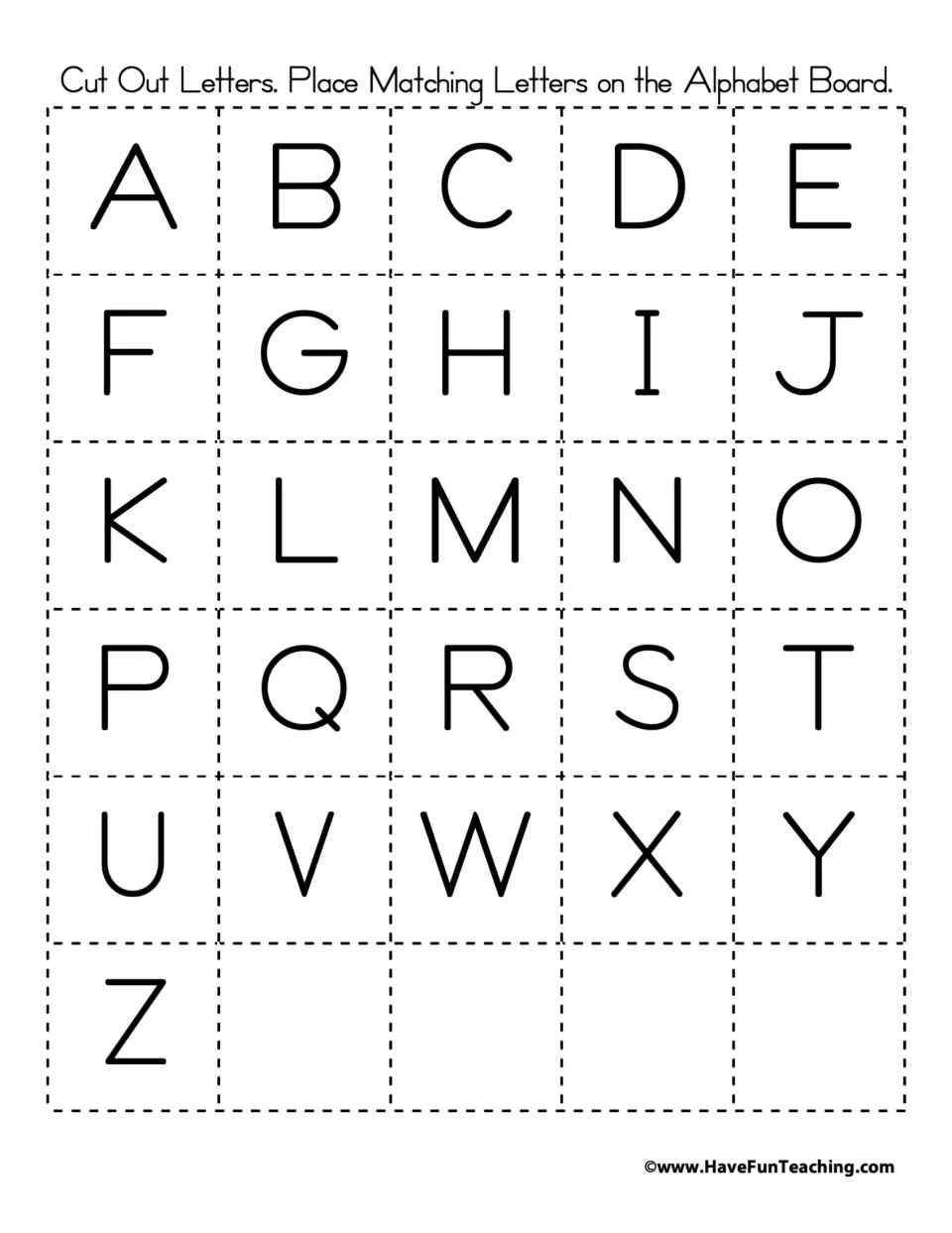 Uppercase letter cards A to Z: students cut out each letter and place it on the matching letter of the Alphabet Board