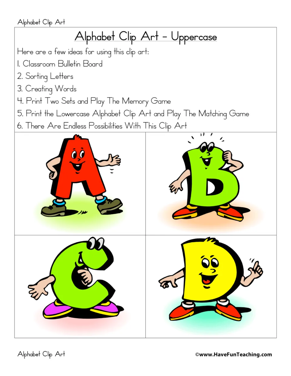 Uppercase alphabet clip art letters A–D, with ideas for bulletin boards, sorting, word building, and games.
