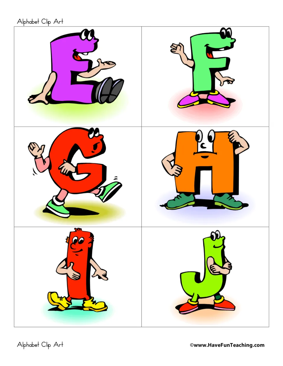 Uppercase alphabet clip art letters E–J, each shown as a colorful character for classroom bulletin boards.