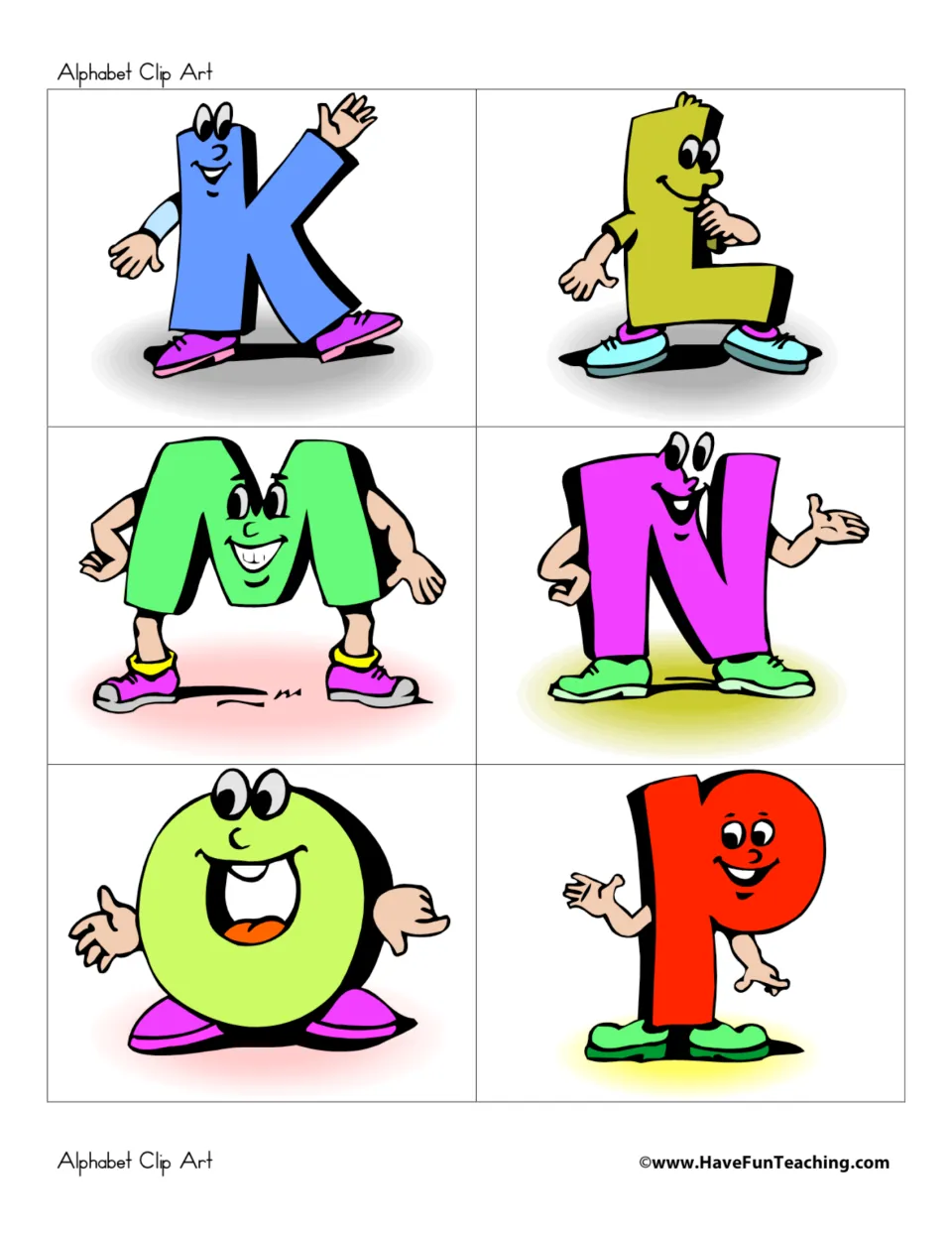 Uppercase alphabet clip art letters K–P, each shown as a colorful character for classroom printables.