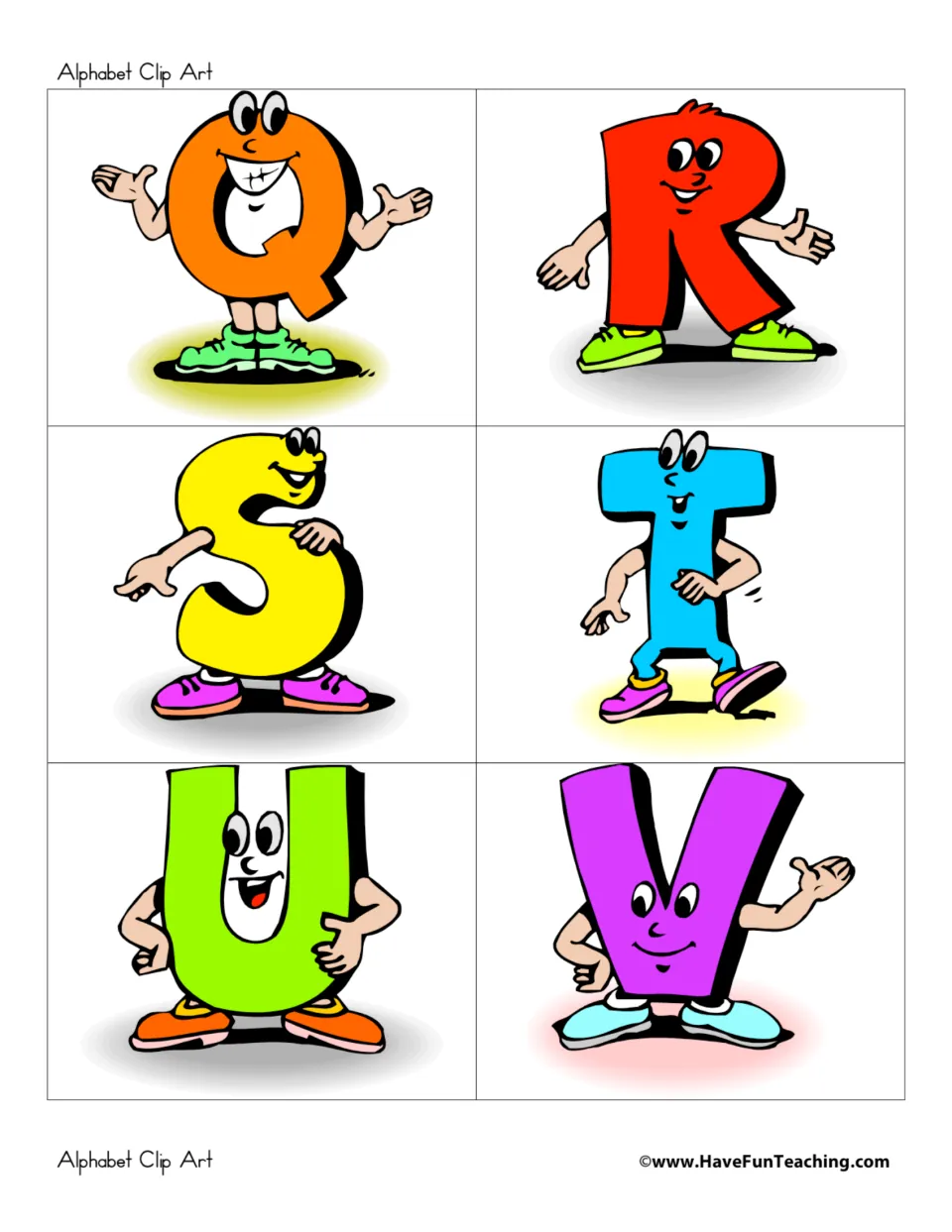 Uppercase alphabet clip art letters Q–V, each shown as a colorful character for classroom bulletin boards.