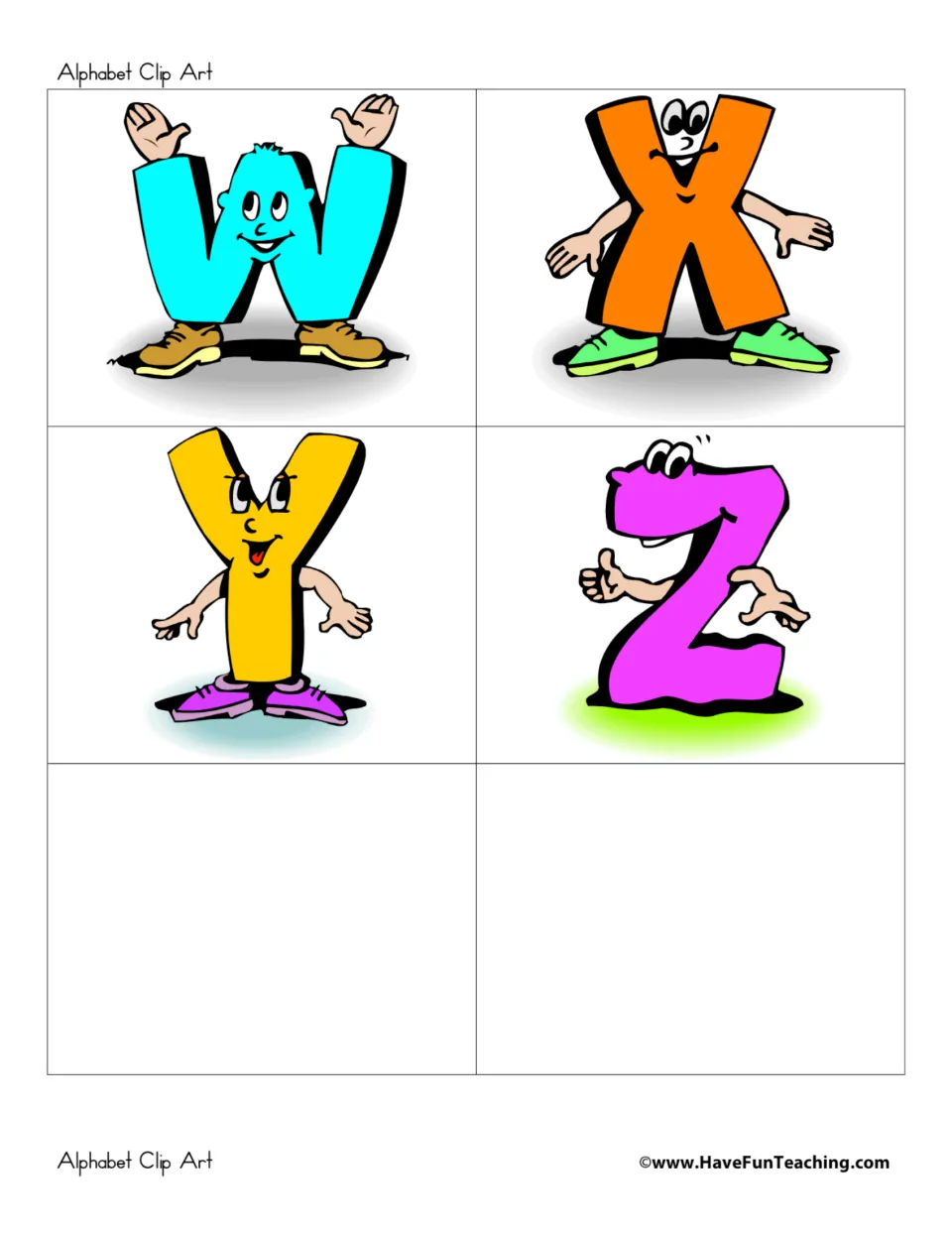 Uppercase alphabet clip art letters W–Z, the final four colorful letter characters for classroom printables.