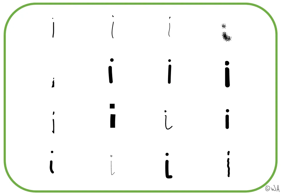 Letter recognition mat showing 16 black lowercase i forms in varied styles, including curved and dotted forms