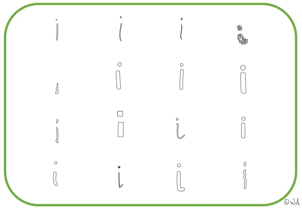 Letter recognition mat showing 16 lowercase i forms in outline styles, including round and square dots