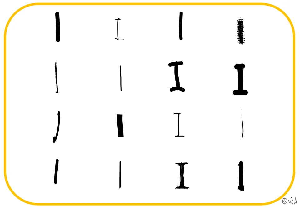 Letter recognition mat showing 16 black uppercase I forms, including simple strokes and forms with crossbars