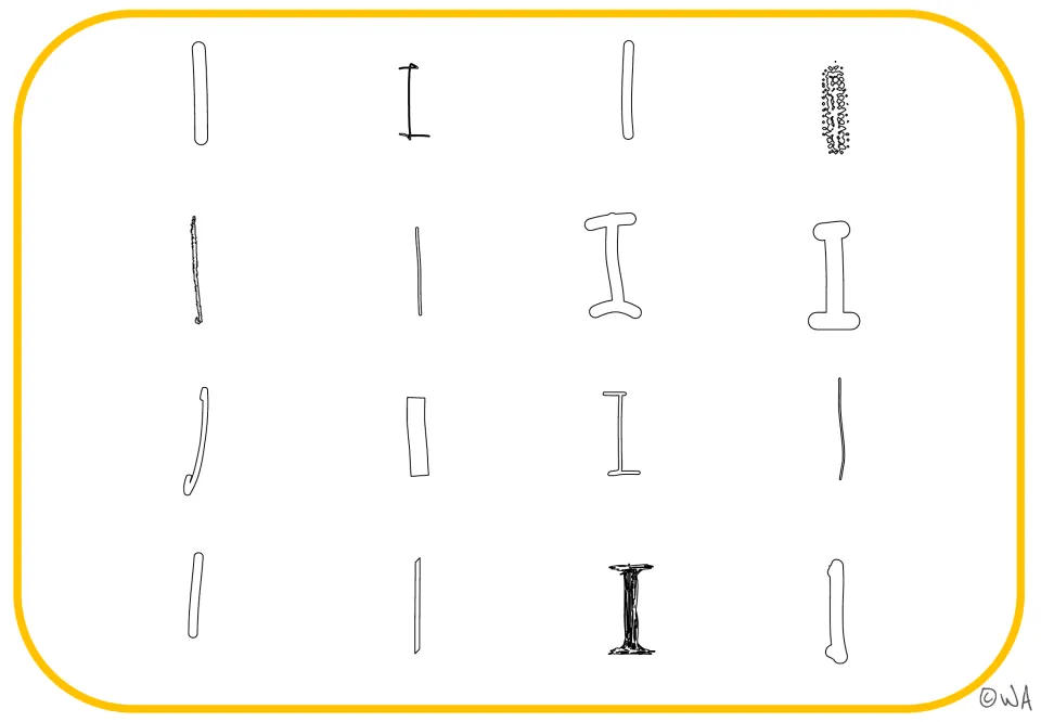 Letter recognition mat showing 16 uppercase I forms in outline styles, including strokes and crossbars