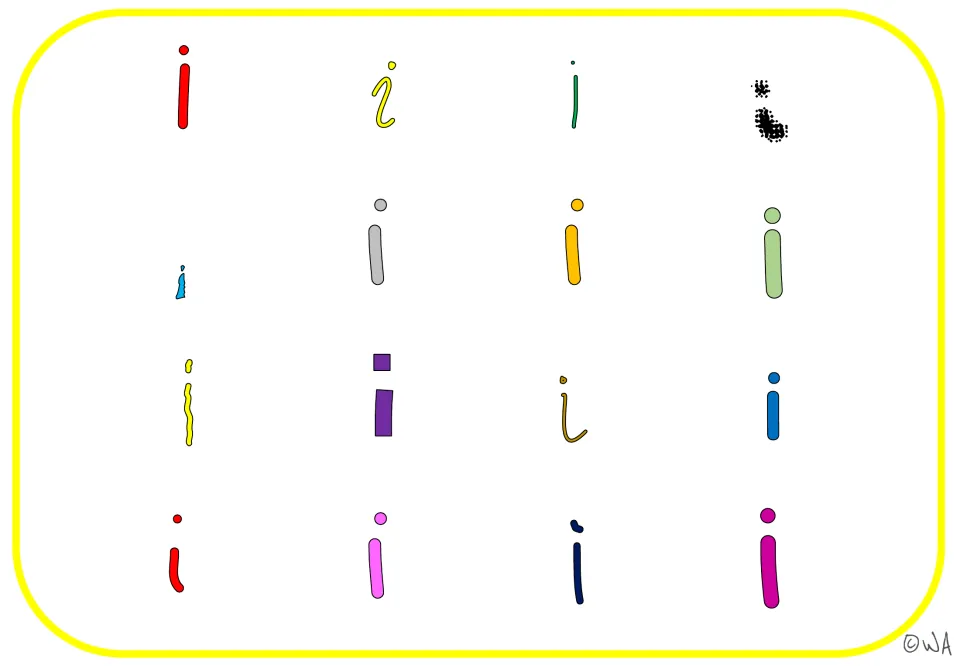 Letter recognition mat showing 16 lowercase i forms in varied colors and styles, edged with black outlines