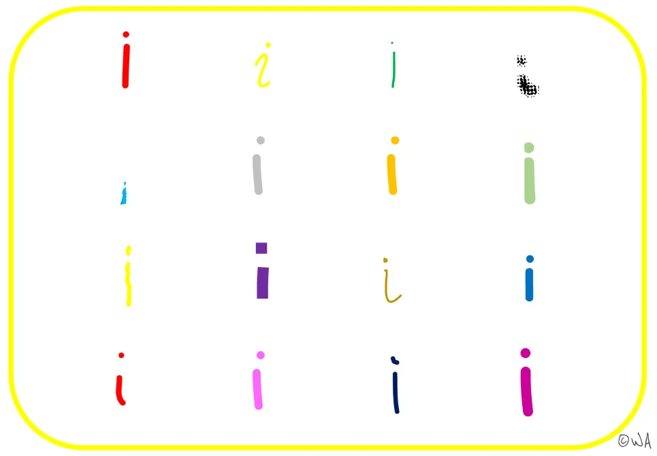 Letter recognition mat showing 16 lowercase i forms in varied styles, using solid colors and a black dotted form