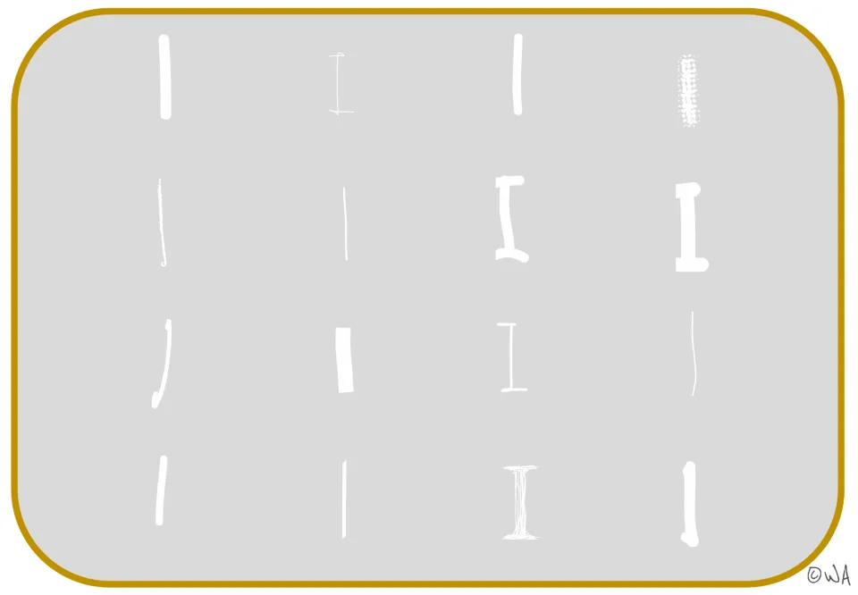 Letter recognition mat showing 16 white uppercase I forms on gray, including plain strokes and crossbar styles