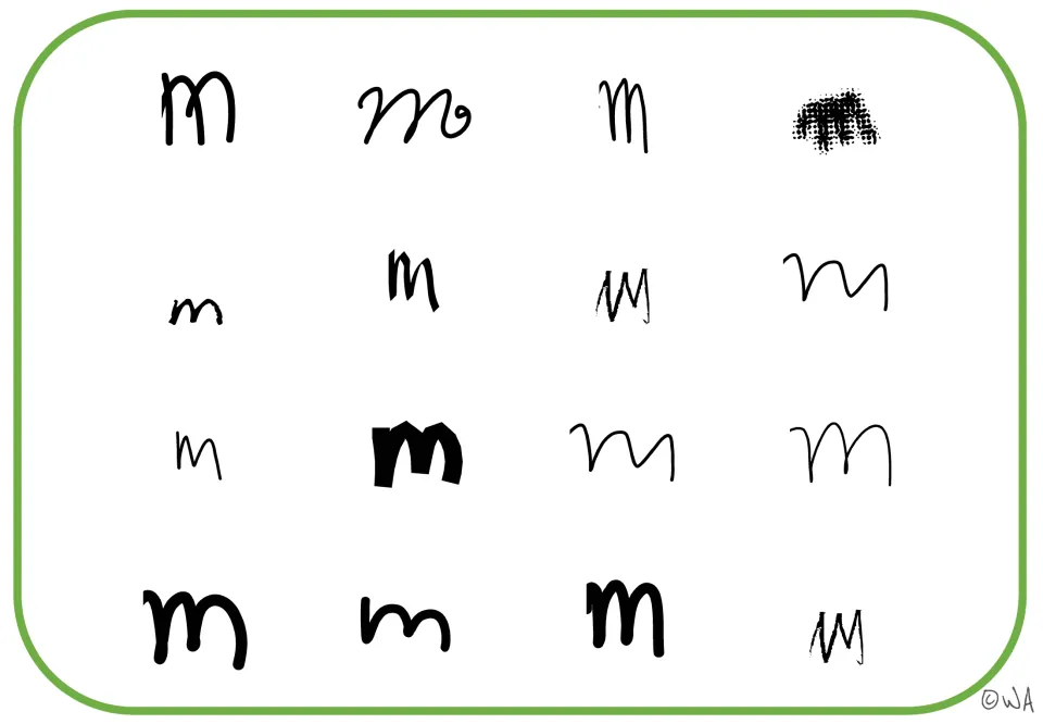 Lowercase m recognition mat featuring 16 black letter examples in curved, angular, and textured styles