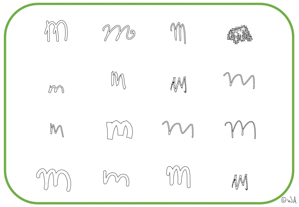 Lowercase m tracing mat featuring 16 outlined letter examples in curved, angular, and textured styles