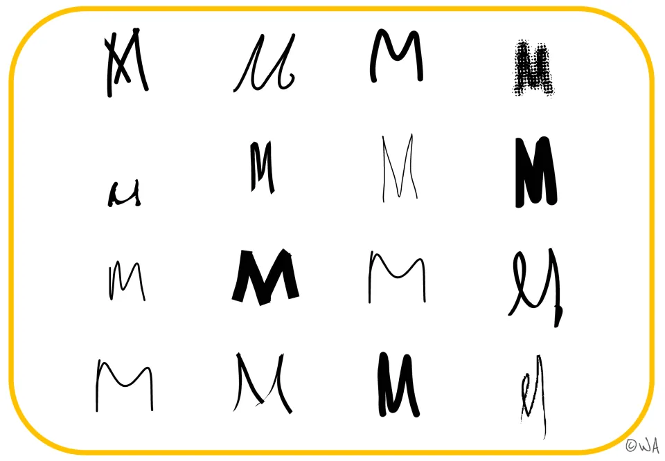 Uppercase M recognition mat featuring 16 black letter examples in rounded, narrow, and script styles