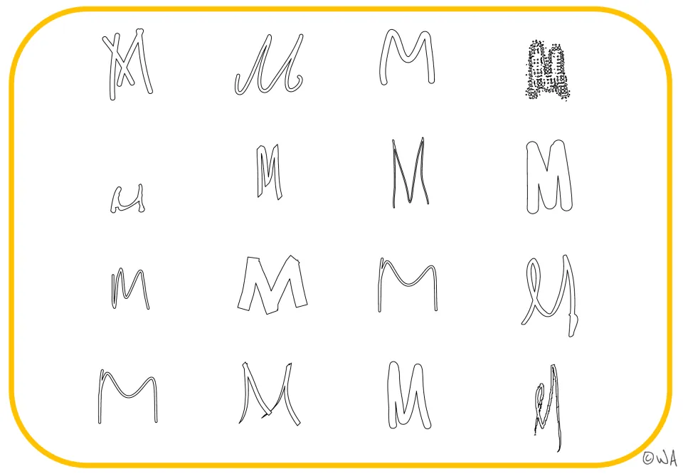 Uppercase M tracing mat featuring 16 outlined letter examples in rounded, narrow, and script styles