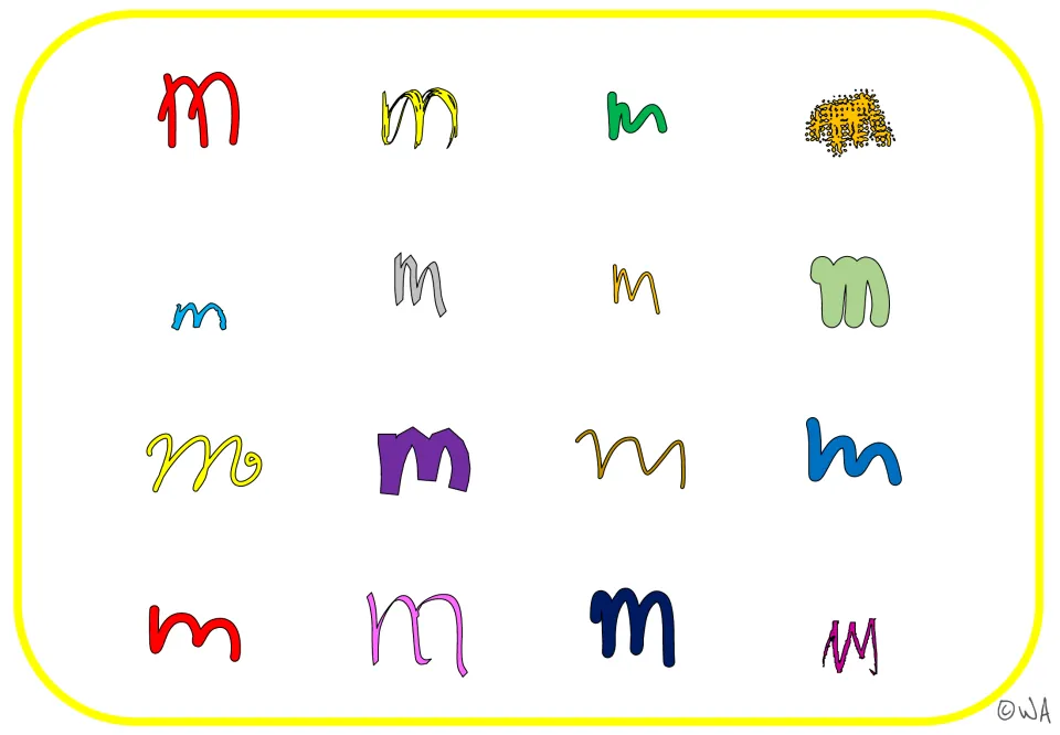Lowercase m recognition mat featuring 16 colorful letter examples with black outlines in varied styles