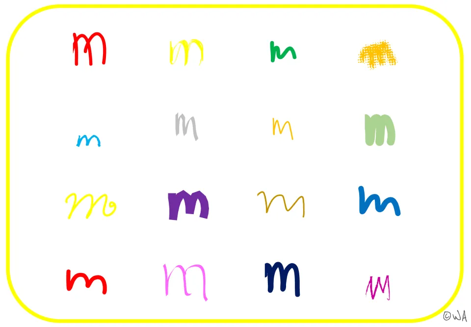 Lowercase m recognition mat featuring 16 colorful letter examples without black outlines in varied styles