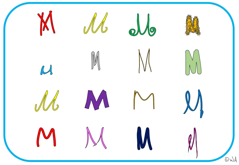 Uppercase M recognition mat featuring 16 colorful letter examples with black outlines in varied styles