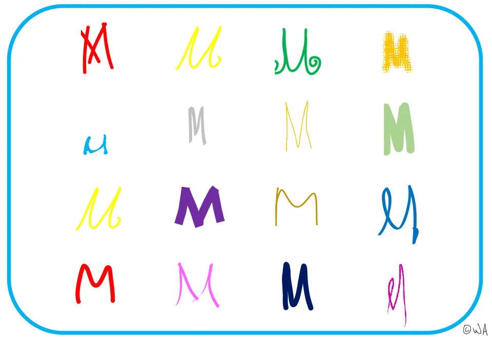 Uppercase M recognition mat featuring 16 colorful letter examples without black outlines in varied styles