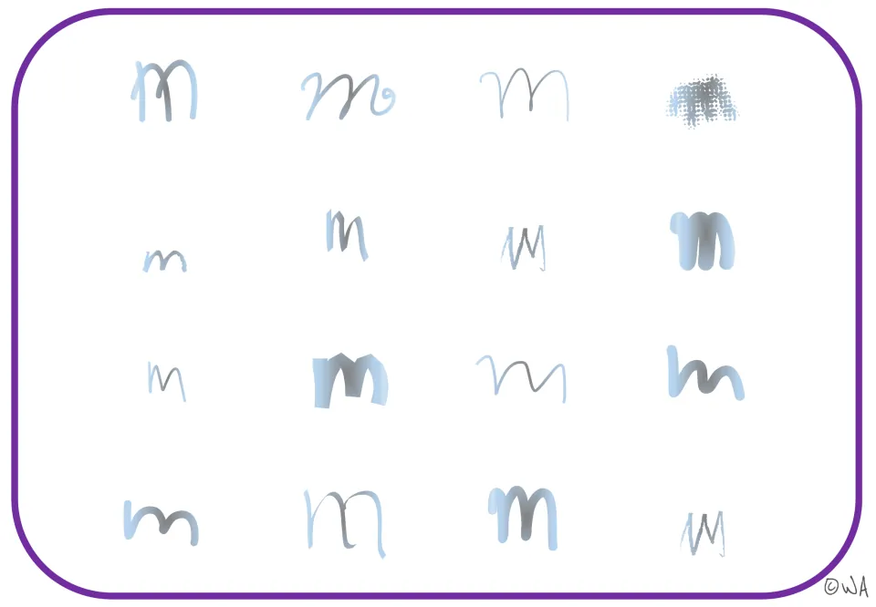 Lowercase m recognition mat featuring 16 letter examples shaded in pale blue and gray across varied styles