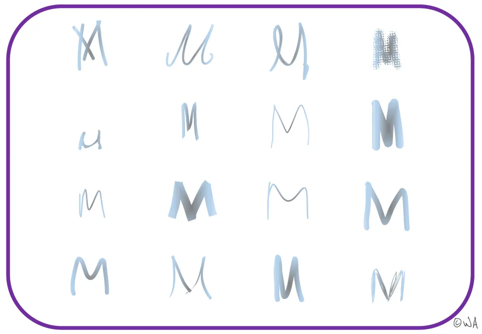 Uppercase M recognition mat featuring 16 letter examples shaded in pale blue and gray across varied styles