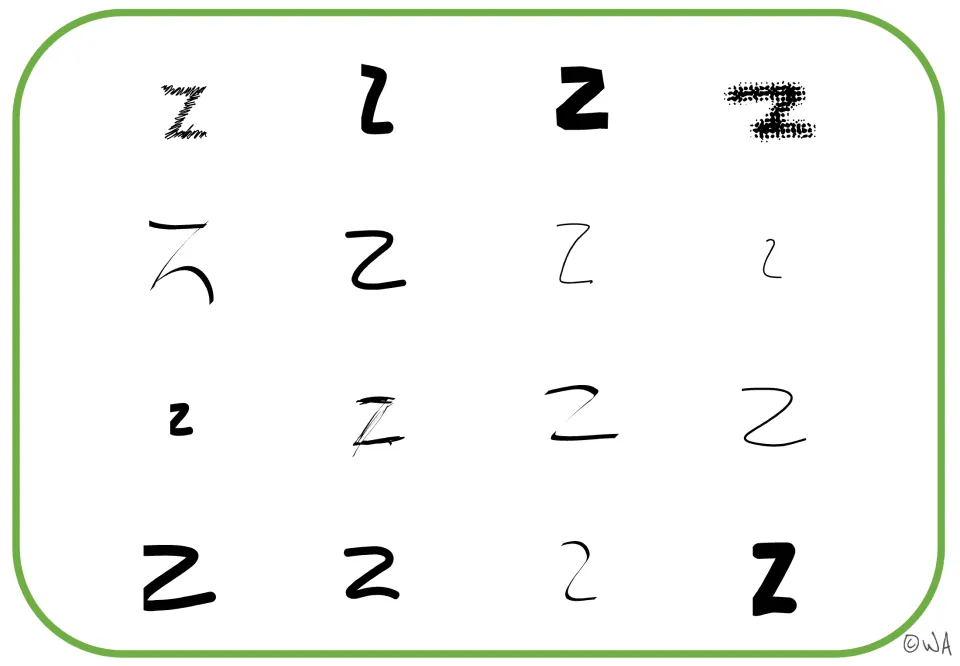 Letter Z visual mat 1: 16 black examples in varied sizes and styles, including bold and scribbled forms