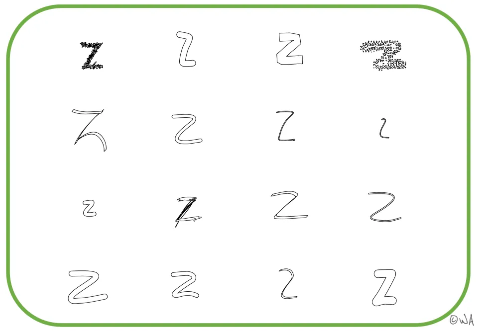 Letter Z visual mat 2: 16 examples matching the first mat, with outlined, thin, and textured letter forms