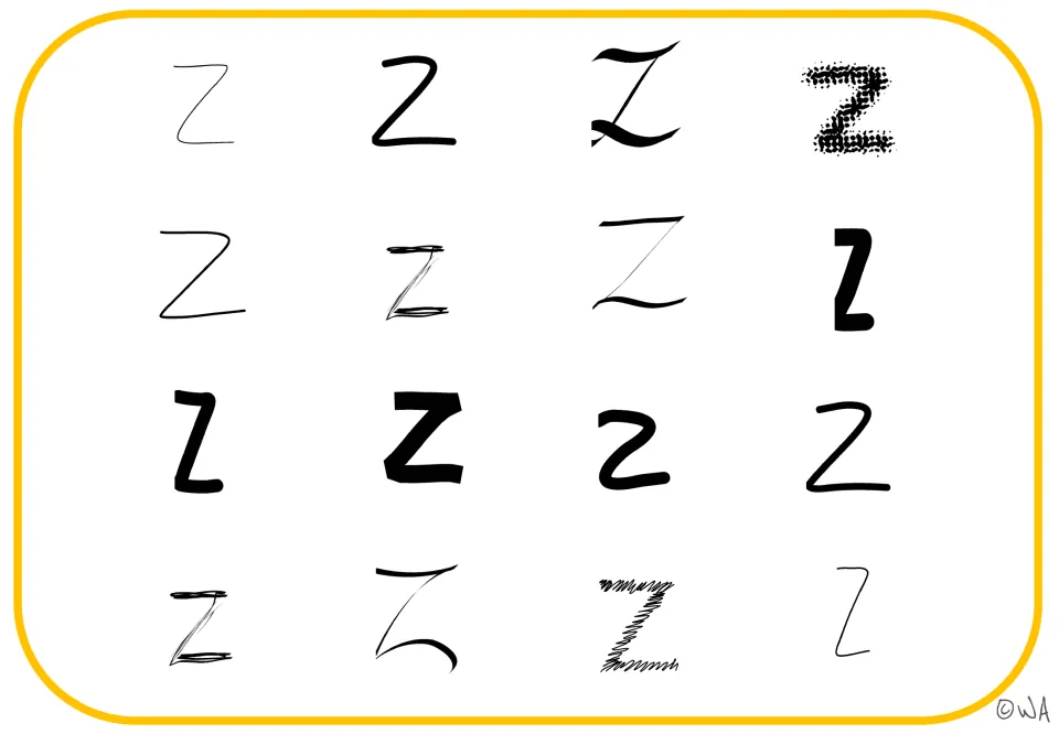 Letter Z visual mat 3: 16 black examples in a second selection of bold, thin, curved, and textured styles