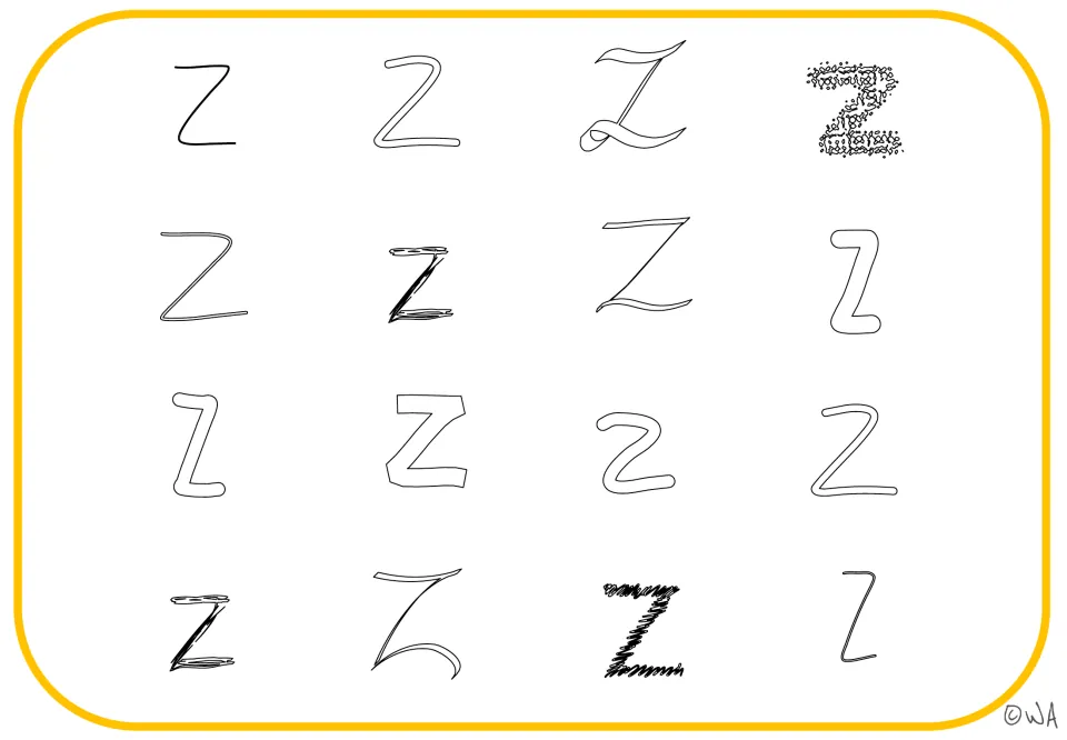 Letter Z visual mat 4: 16 examples matching the third mat, using outlined letters and textured Z forms
