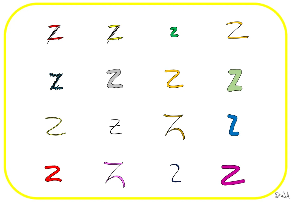 Letter Z visual mat 5: 16 colored examples in varied sizes and styles, many accented with black outlines