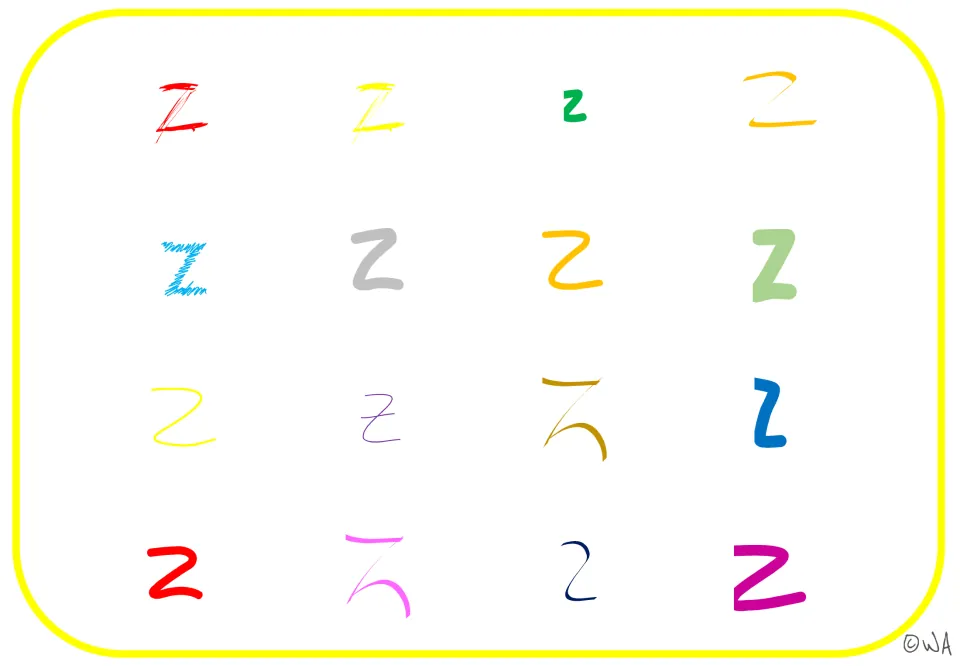 Letter Z visual mat 6: 16 examples repeating the fifth mat's letter styles in color without black outlines