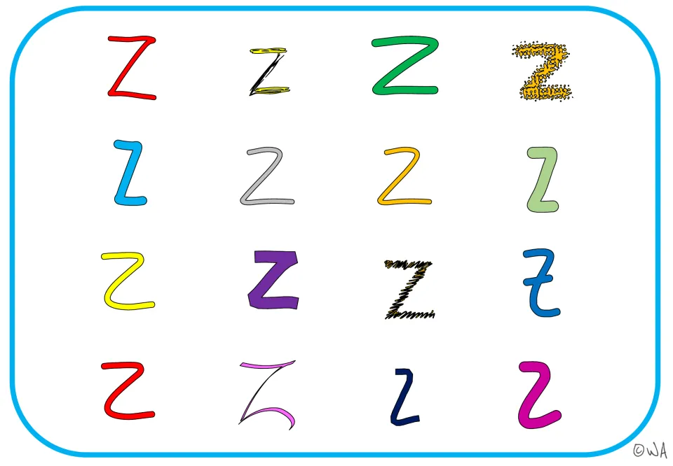 Letter Z visual mat 7: 16 colored examples in a new selection of styles, including a purple block letter