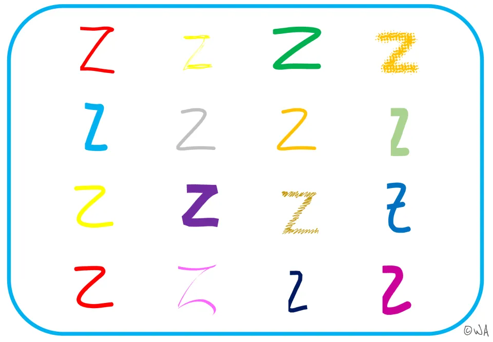 Letter Z visual mat 8: 16 examples repeating the seventh mat's styles in color without black outlines