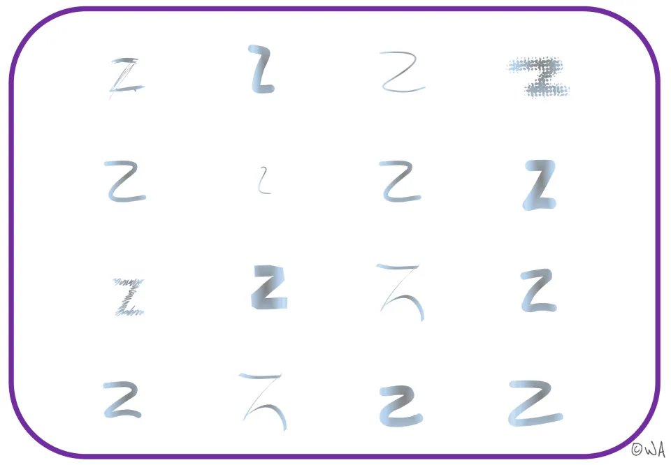 Letter Z visual mat 9: 16 pale blue-gray examples in varied sizes, including bold, thin, and textured forms
