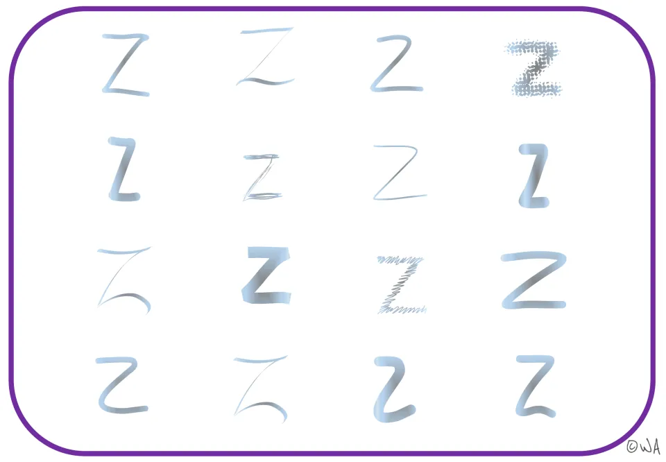 Letter Z visual mat 10: 16 pale blue-gray examples in a second selection of bold, curved, and textured styles