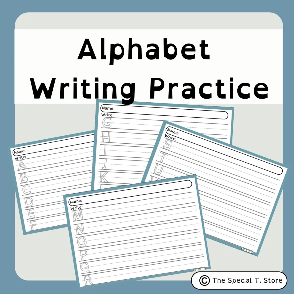 Alphabet Writing Practice cover showing sample sheets for copying uppercase letters in alphabetical order