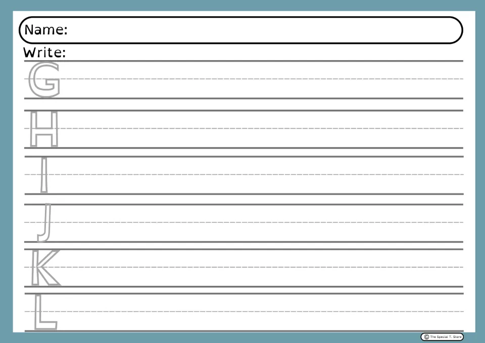Alphabet handwriting practice sheet 2: uppercase G, H, I, J, K, and L models with space to copy each letter