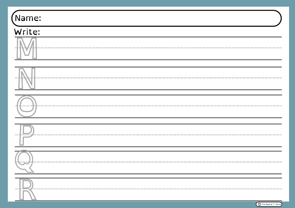 Alphabet handwriting practice sheet 3: uppercase M, N, O, P, Q, and R models with space to copy each letter