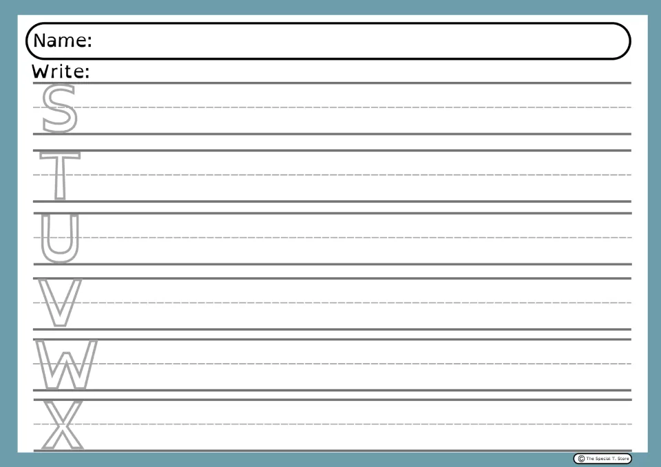 Alphabet handwriting practice sheet 4: uppercase S, T, U, V, W, and X models with space to copy each letter