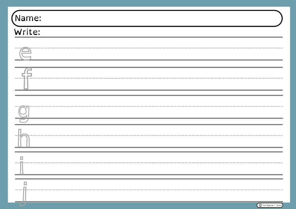 Alphabet handwriting practice sheet 6: lowercase e, f, g, h, i, and j models with space to copy each letter